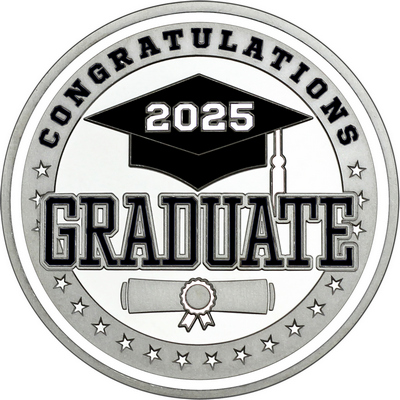 Black "Congratulations Graduate" with White 2025, Rim, Tassel & Ribbon
